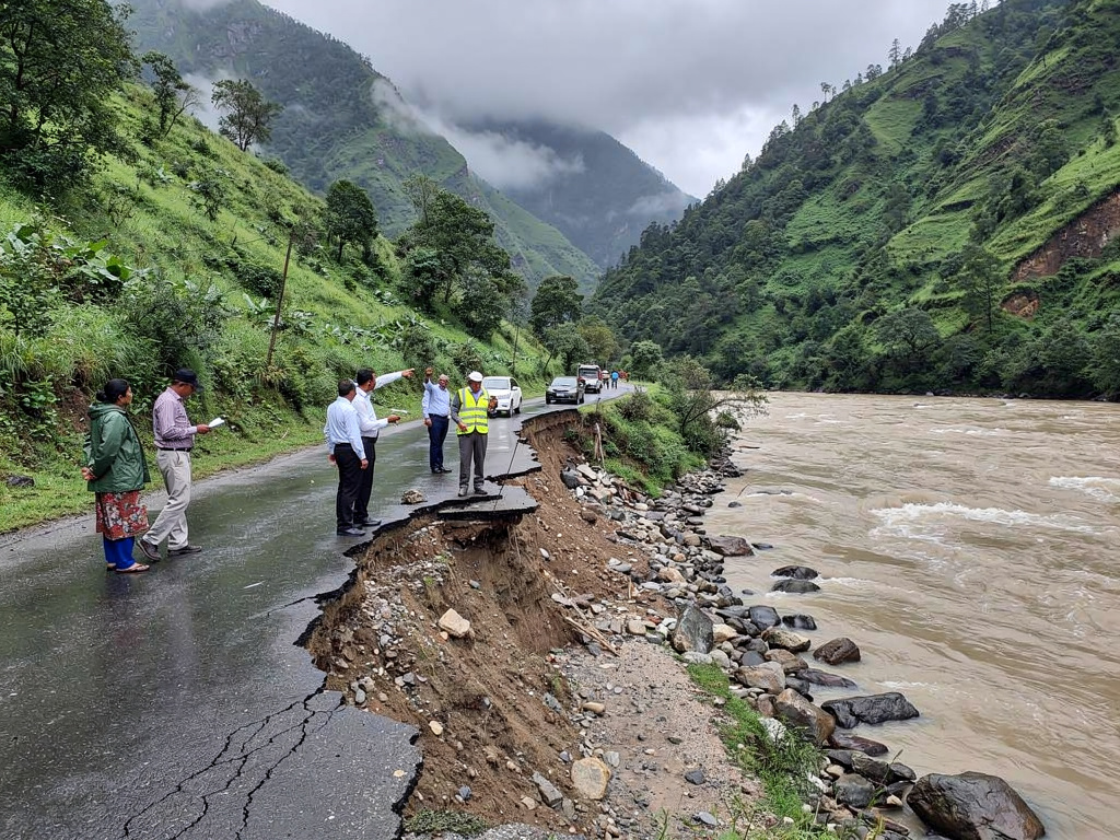 MLA Puran Kumar Gurung inspects monsoon damage on PMGSY road in Chujachen